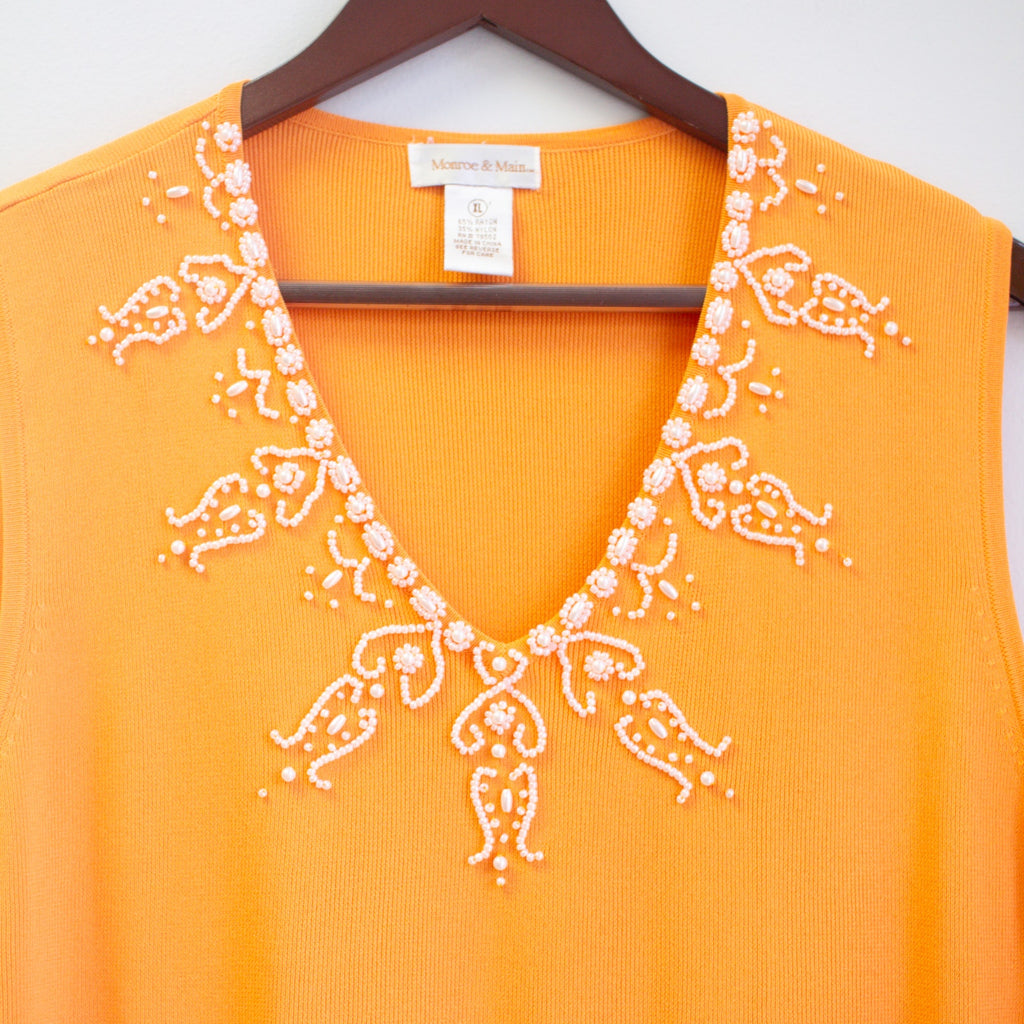 Orange Embellished V-Neck Tank Size XL