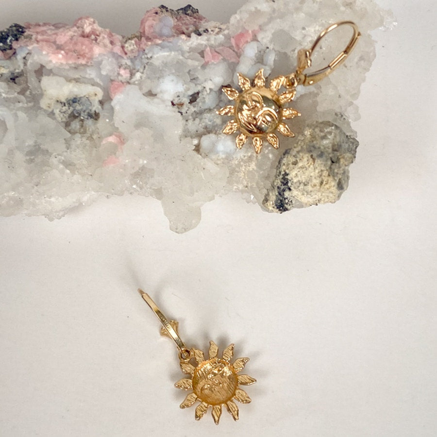 14K Yellow Gold Sun Celestial Charm Earrings