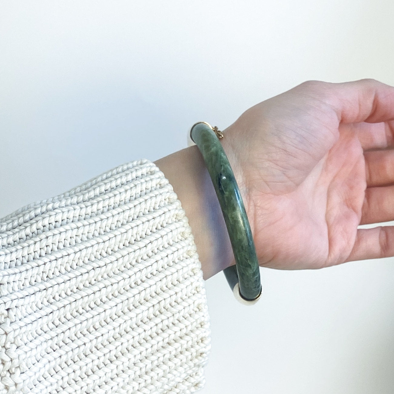 Vintage Chinese Spinach Jade Bangle Bracelet With Gold-Plated Clasp