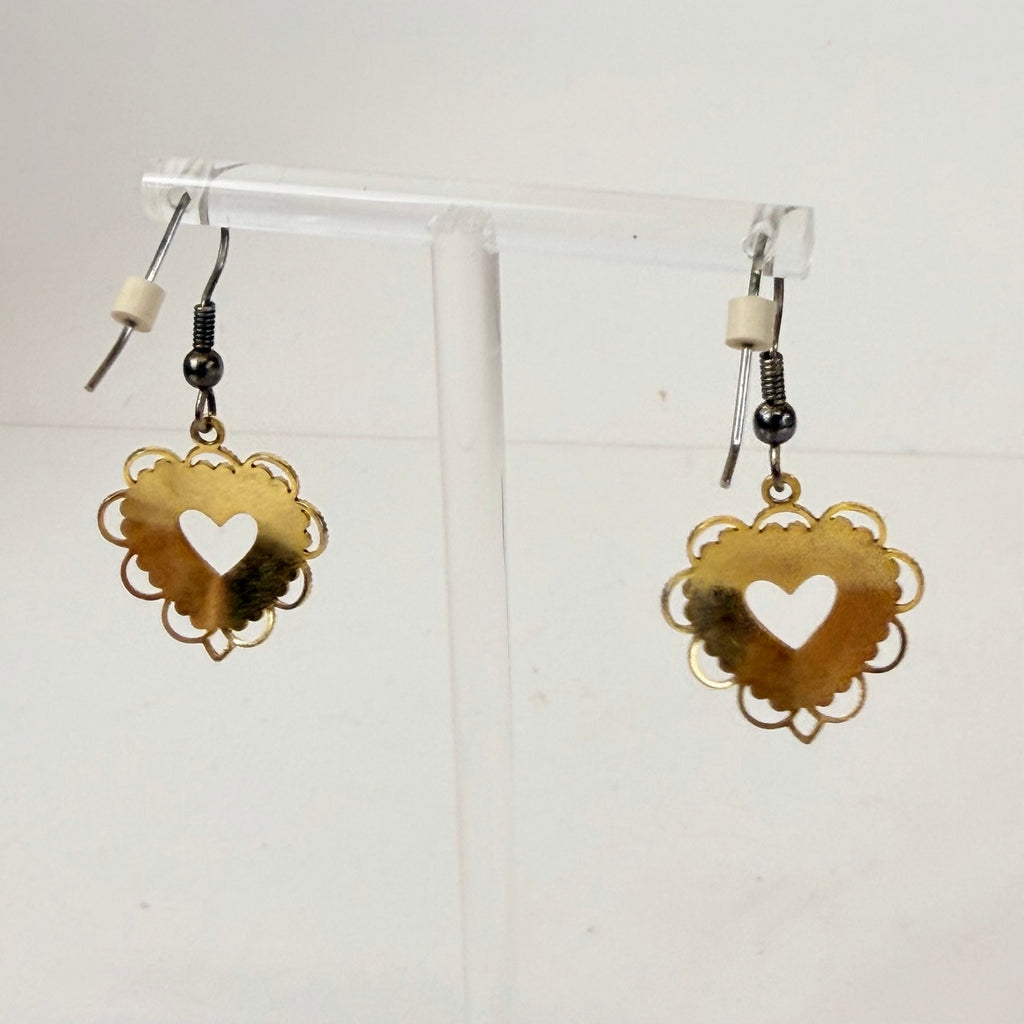Dangly Heart Gold Earrings | 90s Lacey Gold-Tone Heart Earrings