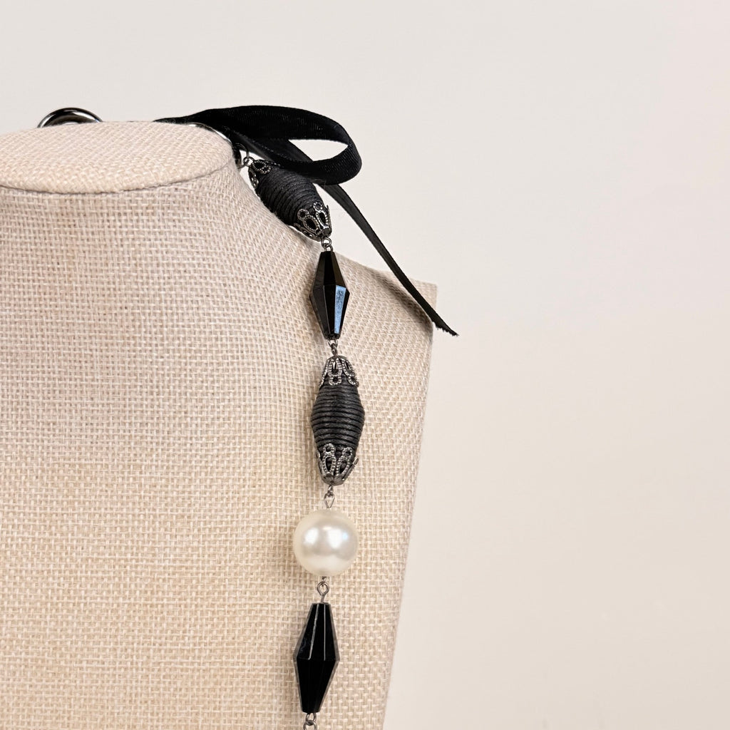 Tie Back Station Necklace Black and Pearlescent Beads Long Statement