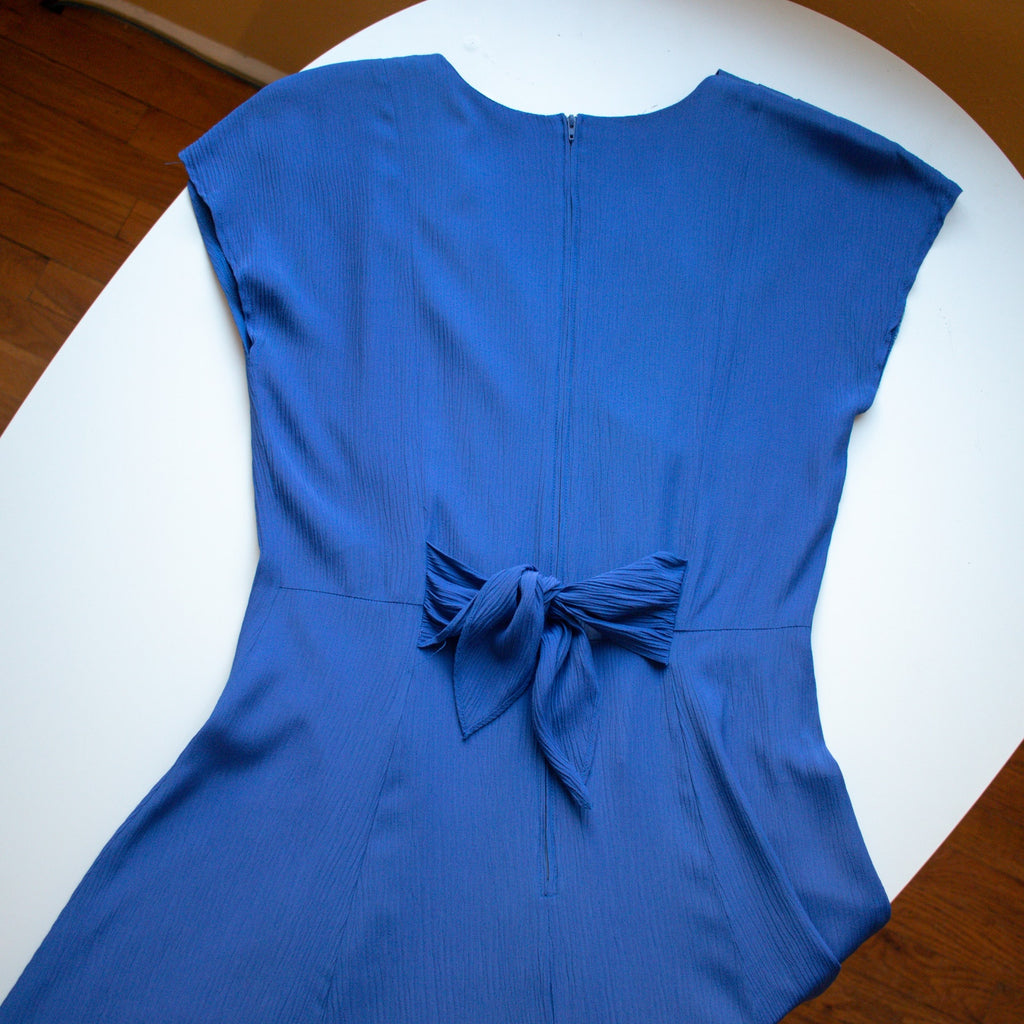 Vintage Blue Pleated Flutter Sleeve Tea Length Dress