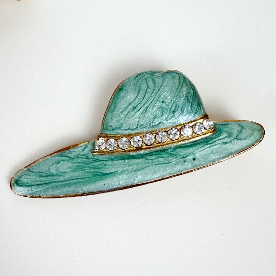 2 Blue Brooches Crystal and Hand Painted Enamel Hat Brooches