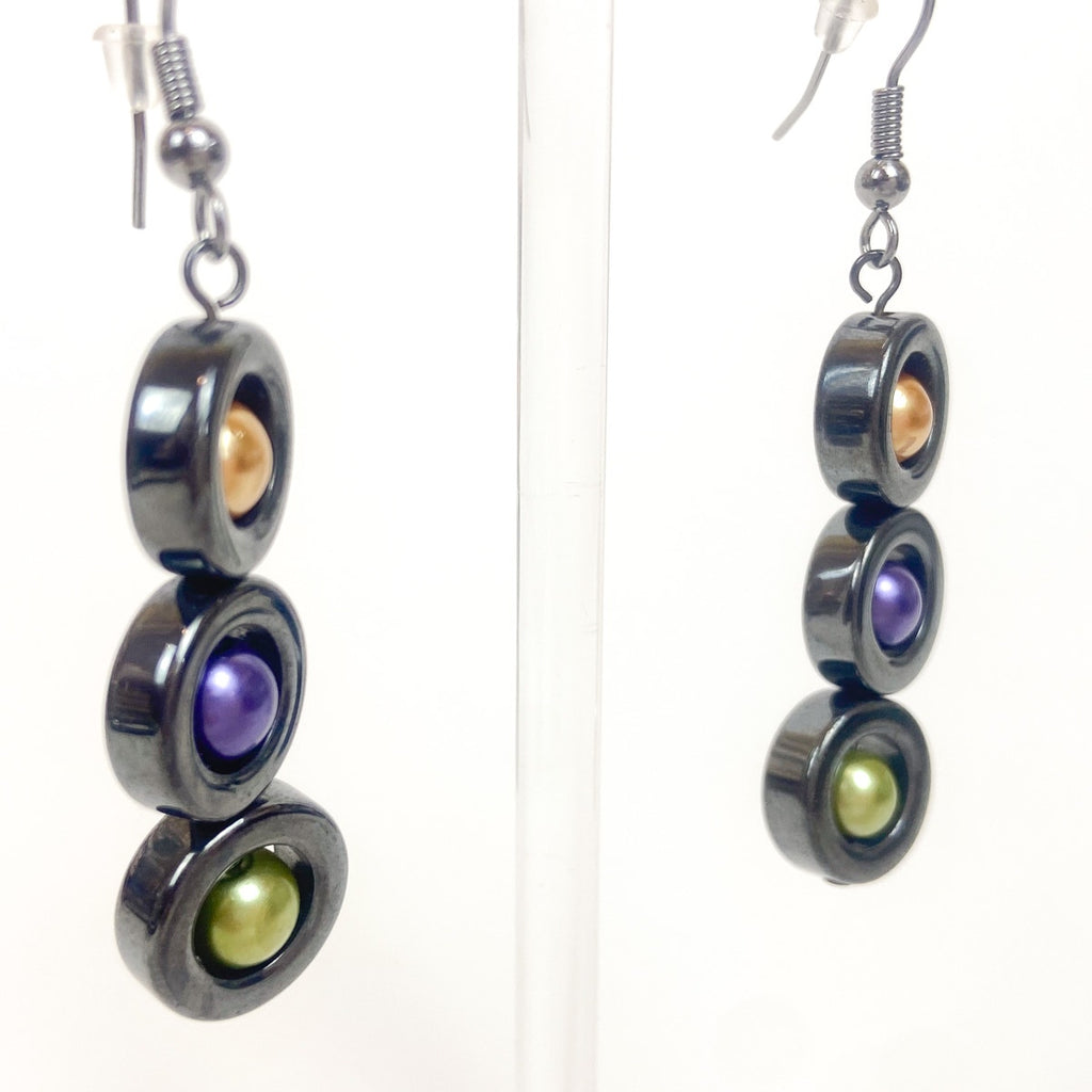 Hematite Colorful Bead Earrings Gunmetal Gray