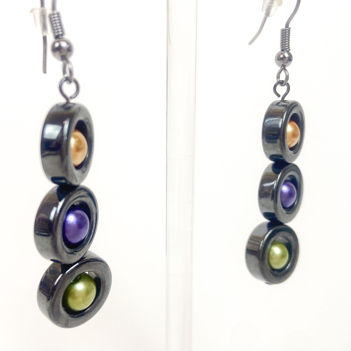 Hematite Colorful Bead Earrings Gunmetal Gray