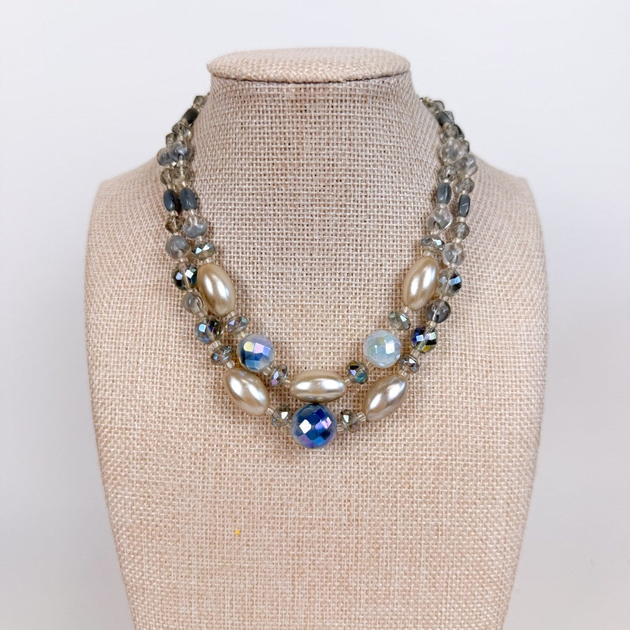Mid-Century Beaded Choker Necklace Double Strand Faux Pearl Beads 1950s/1960s Made in Germany