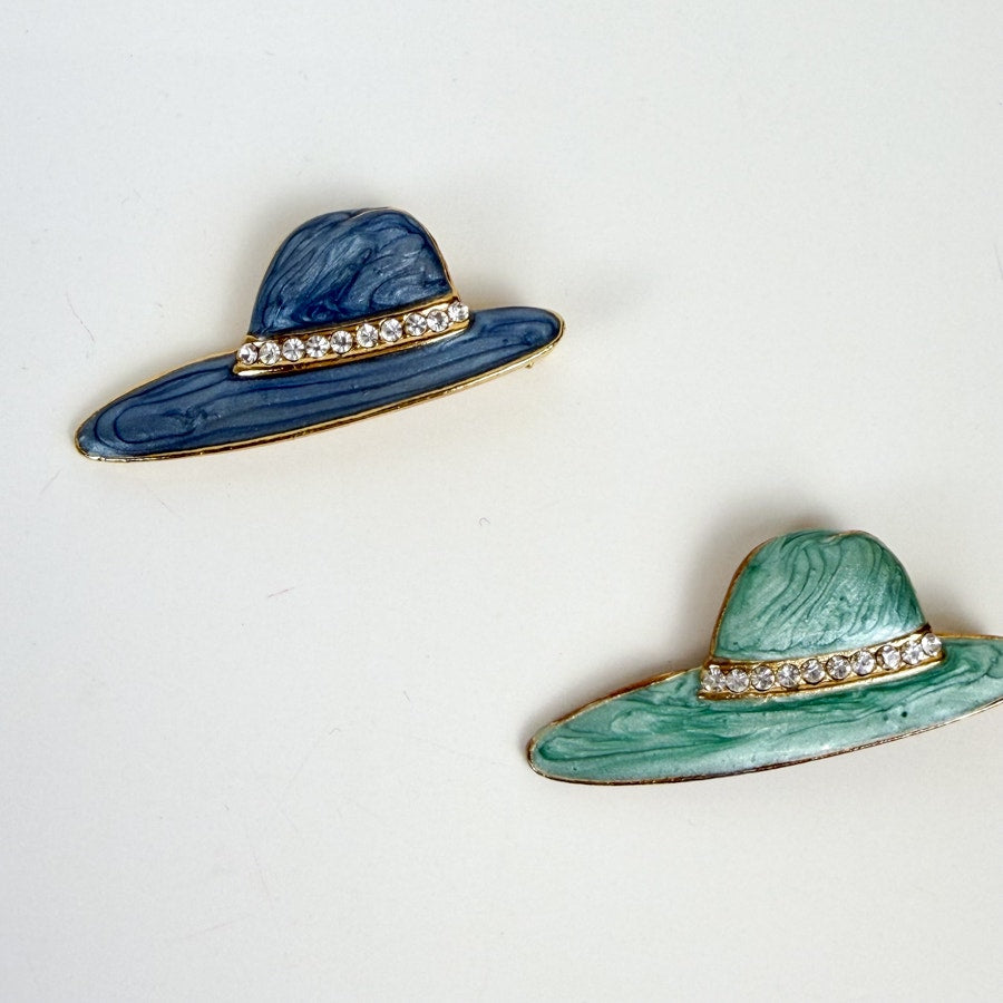 2 Blue Brooches Crystal and Hand Painted Enamel Hat Brooches