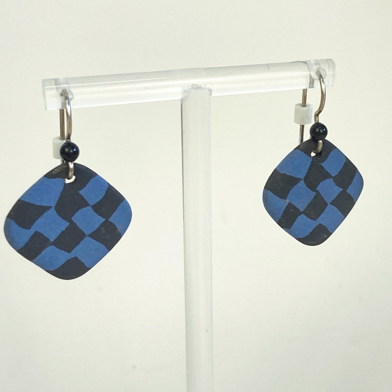 Checkered Blue Black Clay Dangle Earrings Grunge Whimsigoth