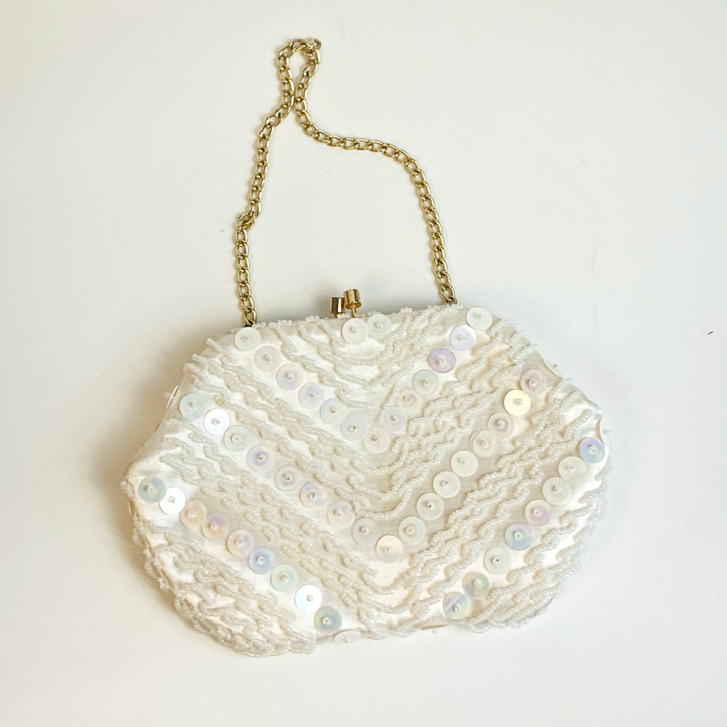 Satin Beaded Evening Bag Hand Made in Hong Kong Cream Gold Tone White Clutch
