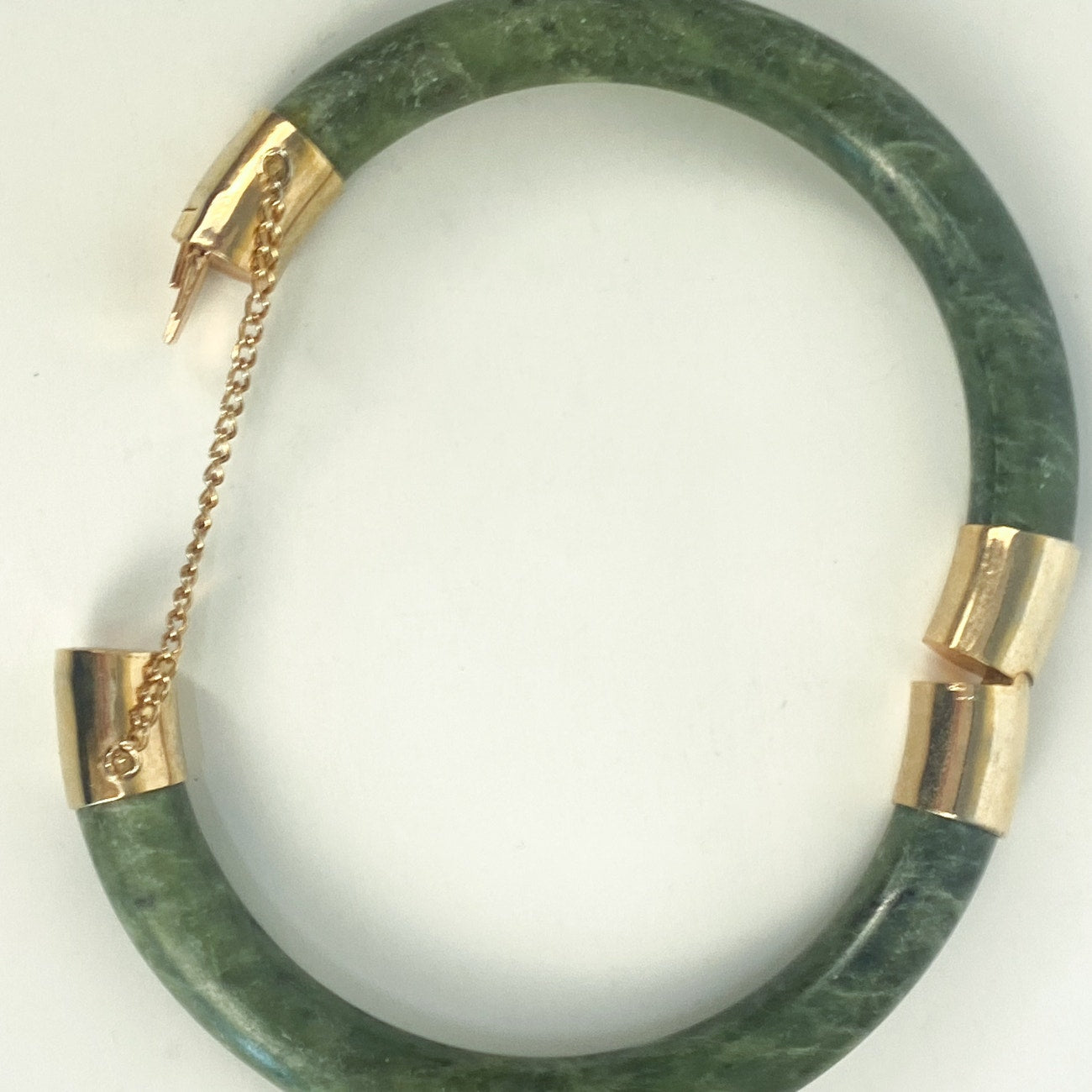 Vintage Chinese Spinach Jade Bangle Bracelet With Gold-Plated Clasp