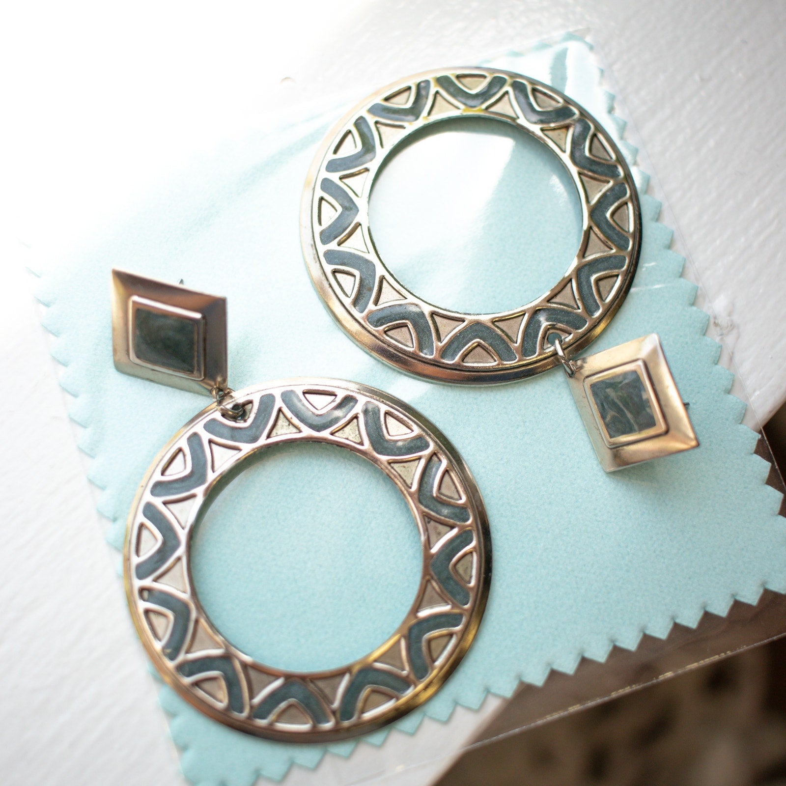 Vintage Geometric Dark Blue Dangle Hoop Earrings