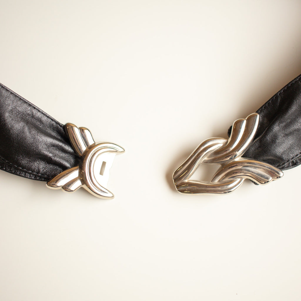 80s Vintage Black Genuine Leather Waist Belt