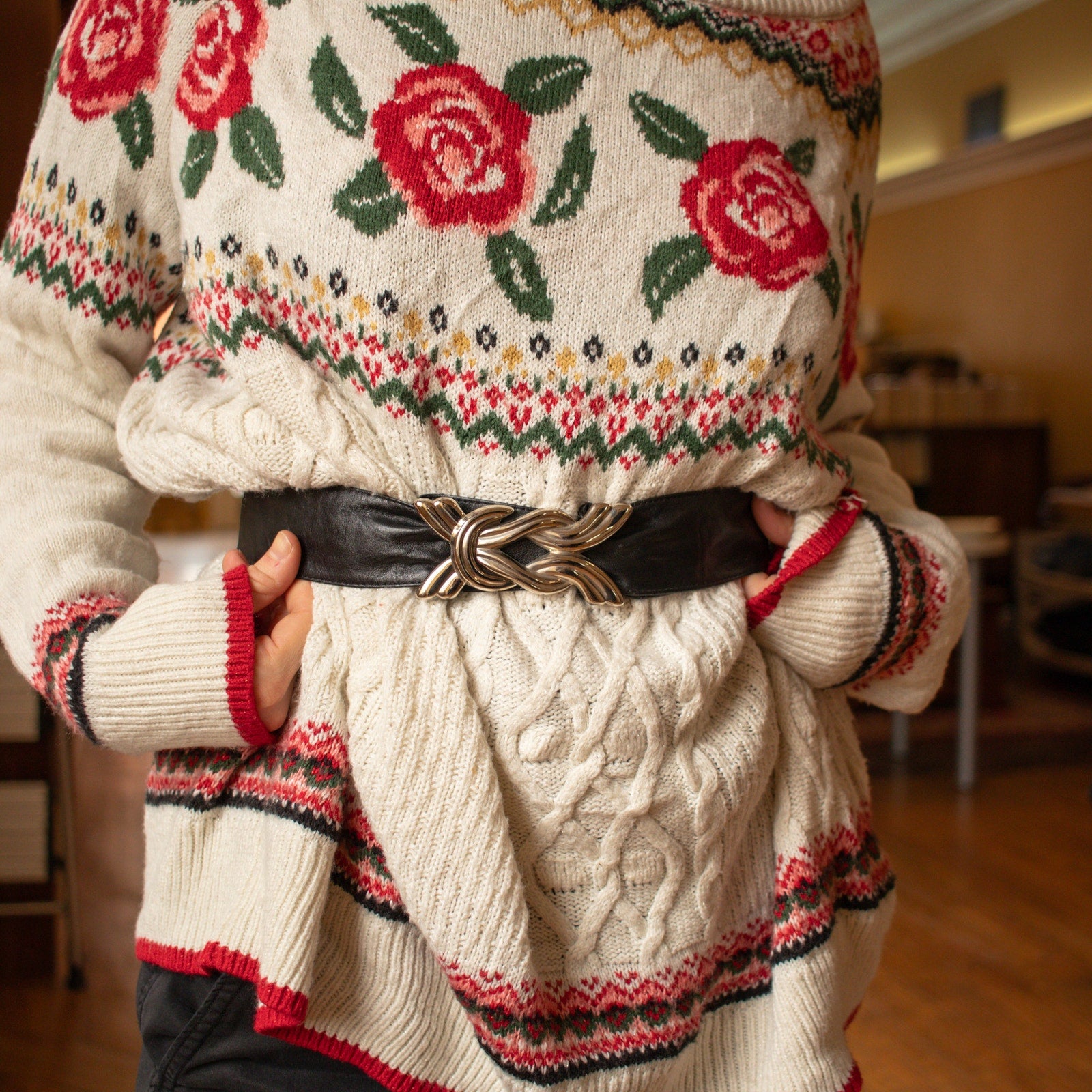 80s Vintage Black Genuine Leather Waist Belt