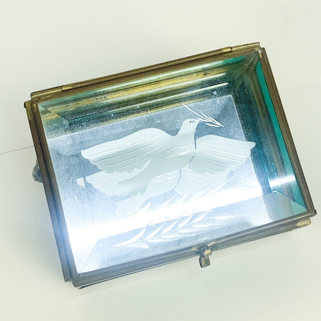 Cut Glass Dove Engraved Trinket Box Mirrored base