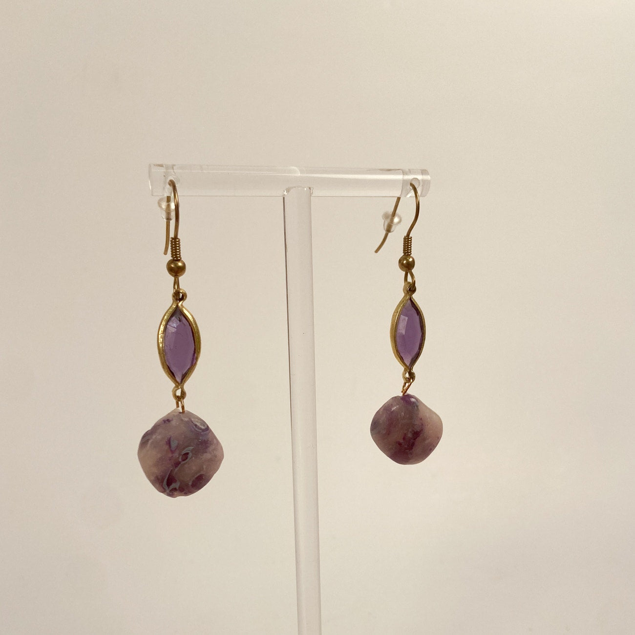 Gold Tone Purple Mineral Earrings