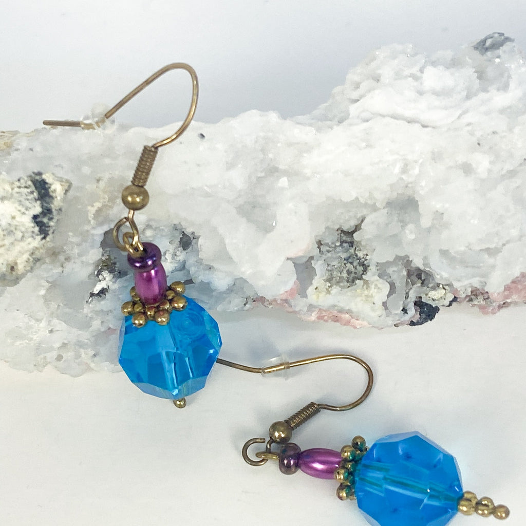 Blue Purple and Gold Bead Dangly Earrings