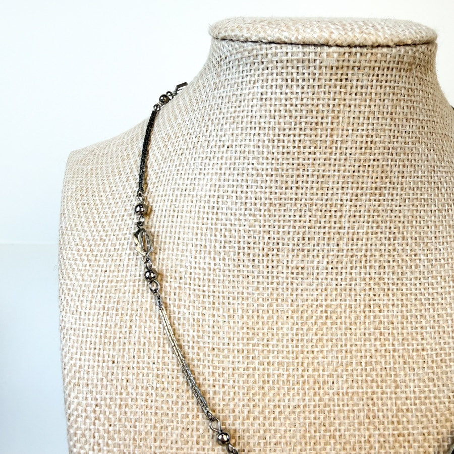 Vintage Silvery Station Necklace Open Work Cage Beads Short Chain