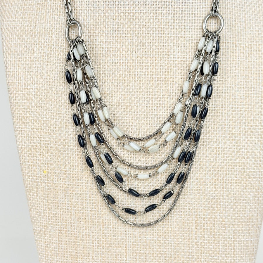 Indie Sleaze Multi-Strand Bib Necklace Black White and Silvery
