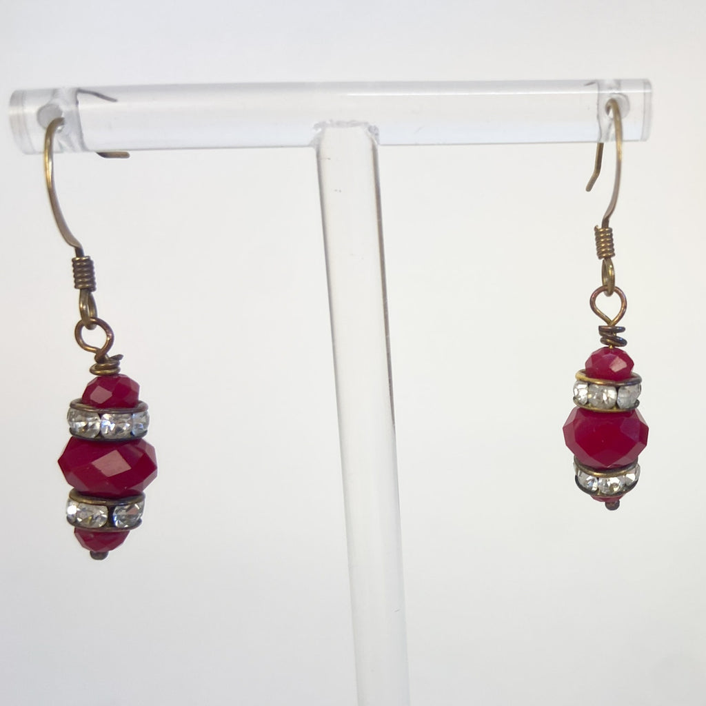 Red Earrings Dangly Red Bead and Rhinestone Gold Tone