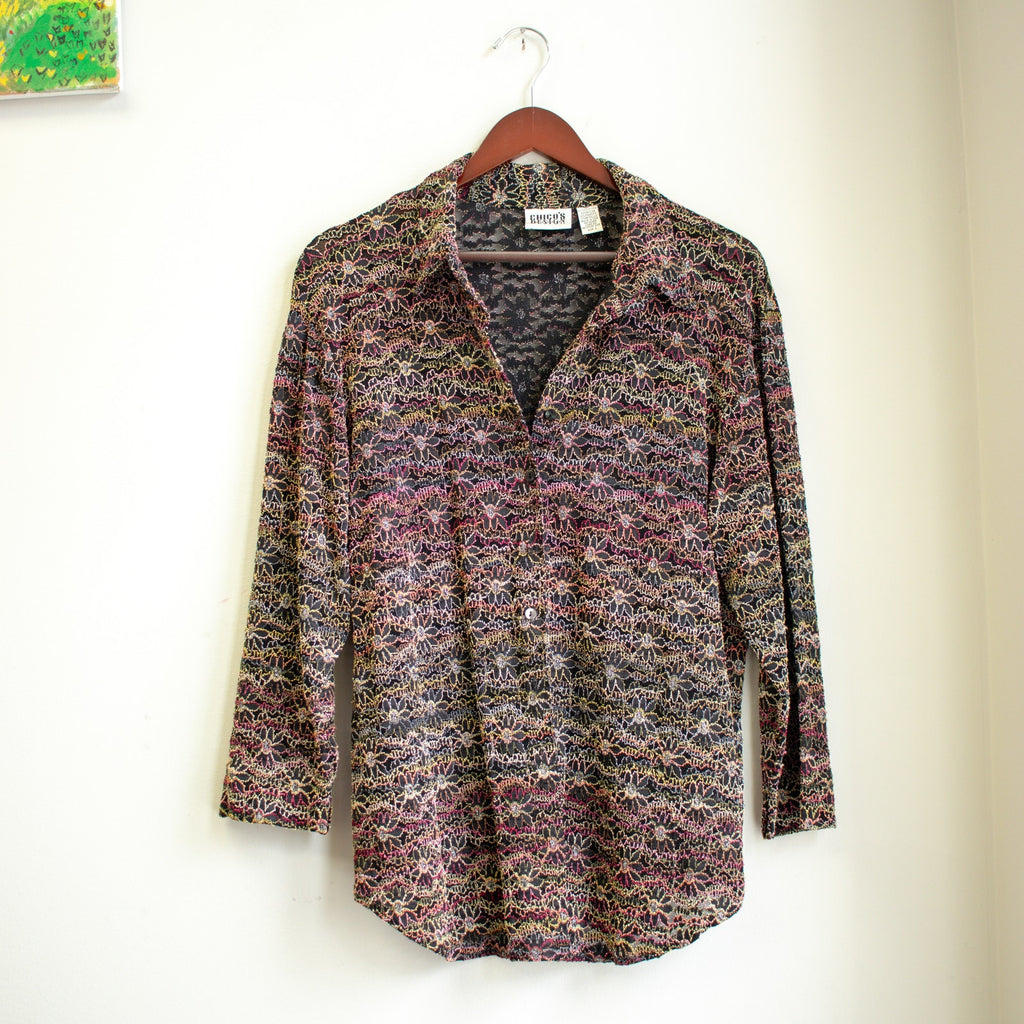 Vintage Chico's Design Sheer Embroidered Floral Cardigan Top Set Size Small
