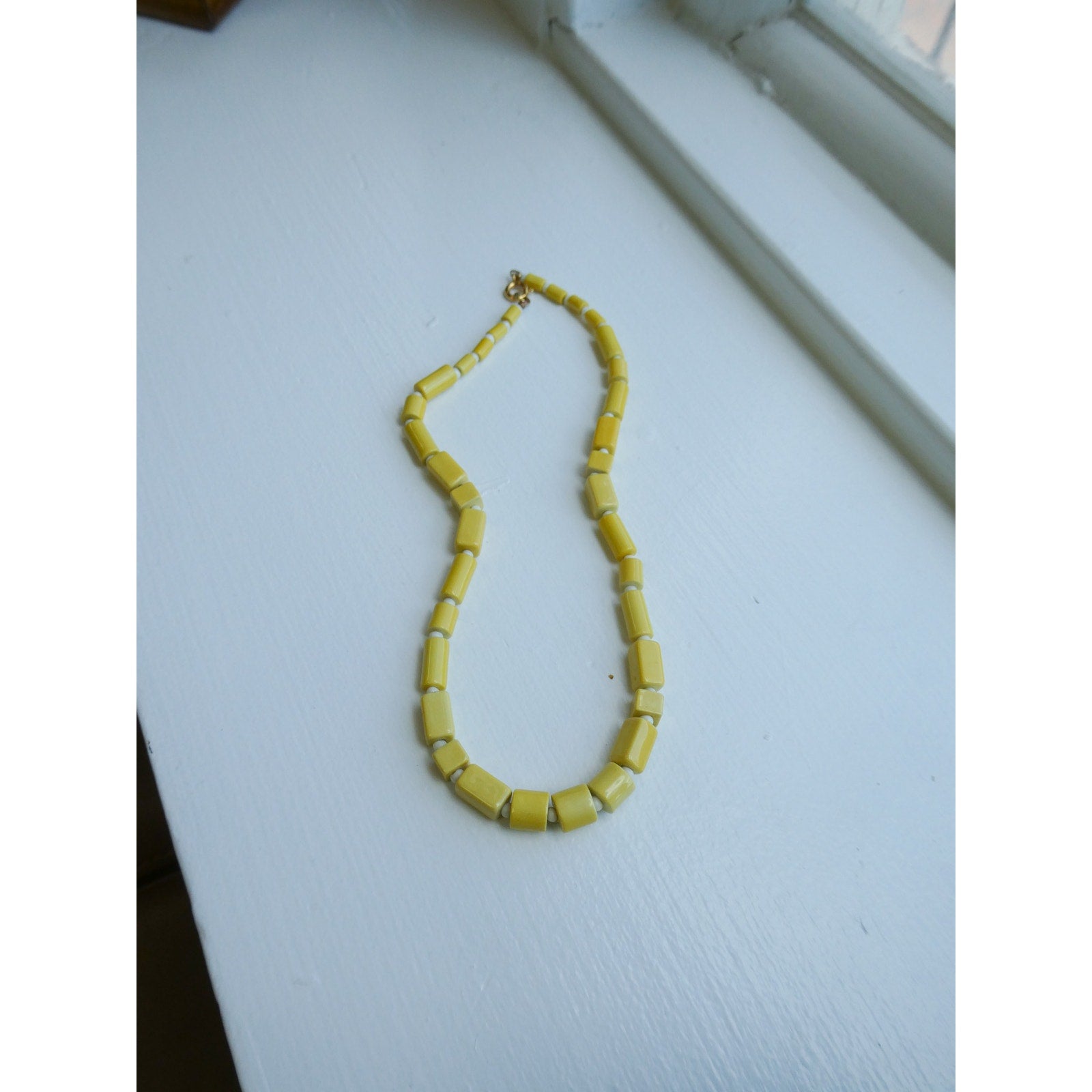 Vintage Yellow Square And Round Beaded Necklace Classic Art Deco Style