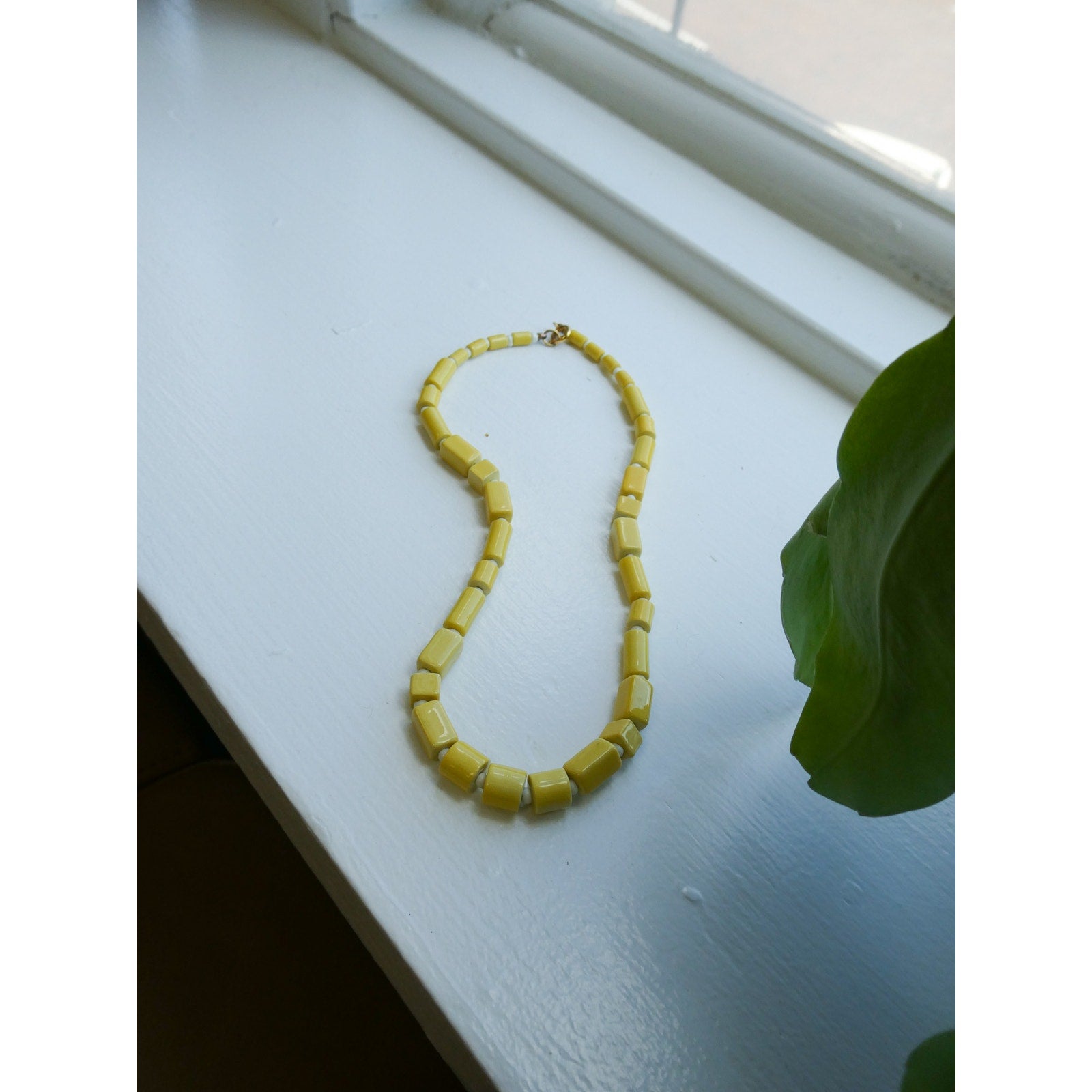 Vintage Yellow Square And Round Beaded Necklace Classic Art Deco Style