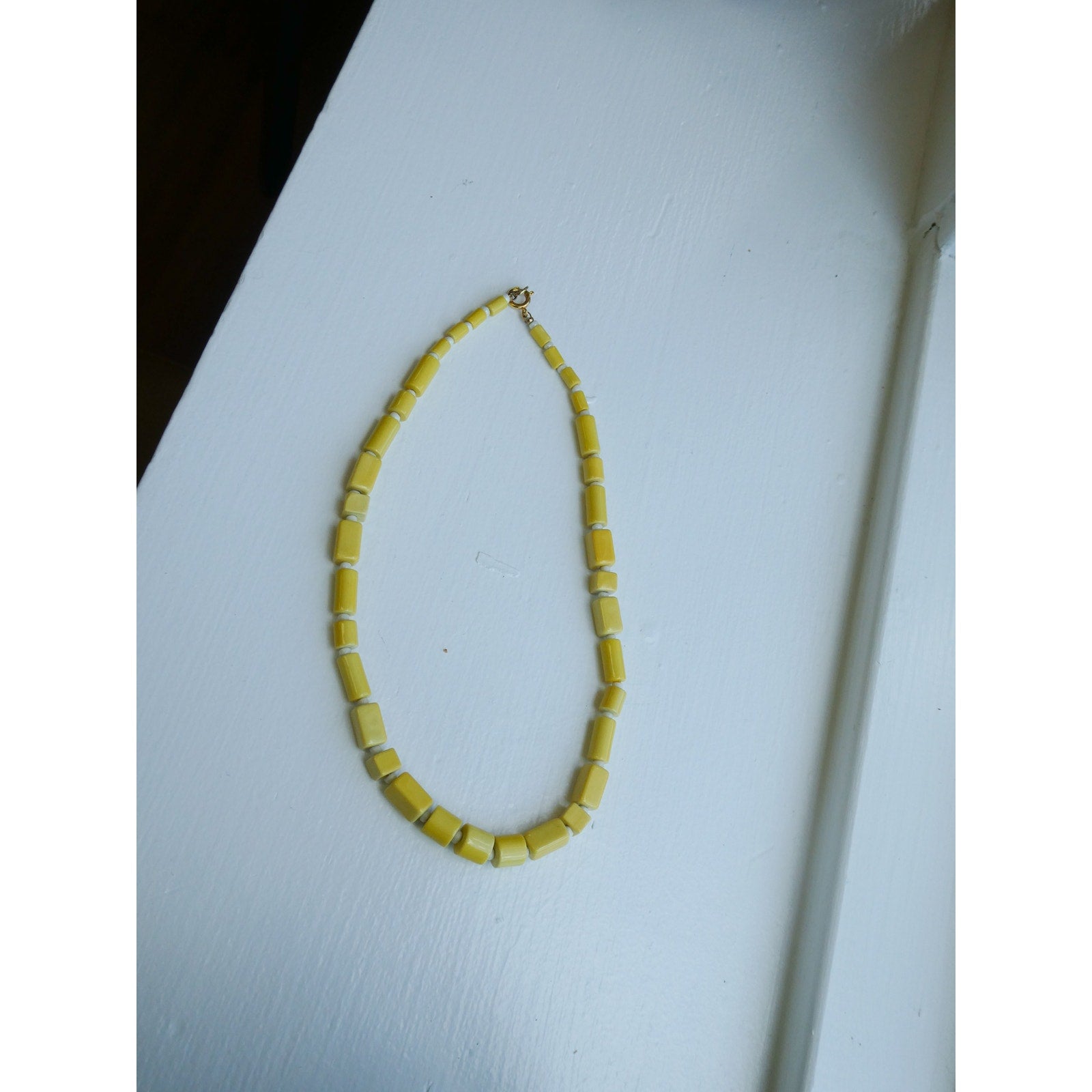 Vintage Yellow Square And Round Beaded Necklace Classic Art Deco Style