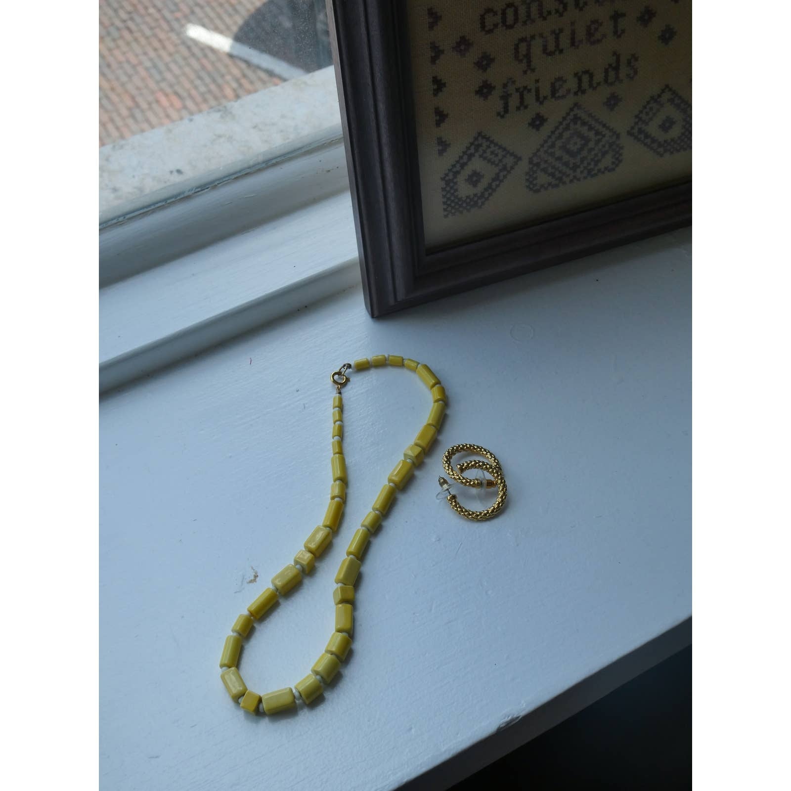 Vintage Yellow Square And Round Beaded Necklace Classic Art Deco Style